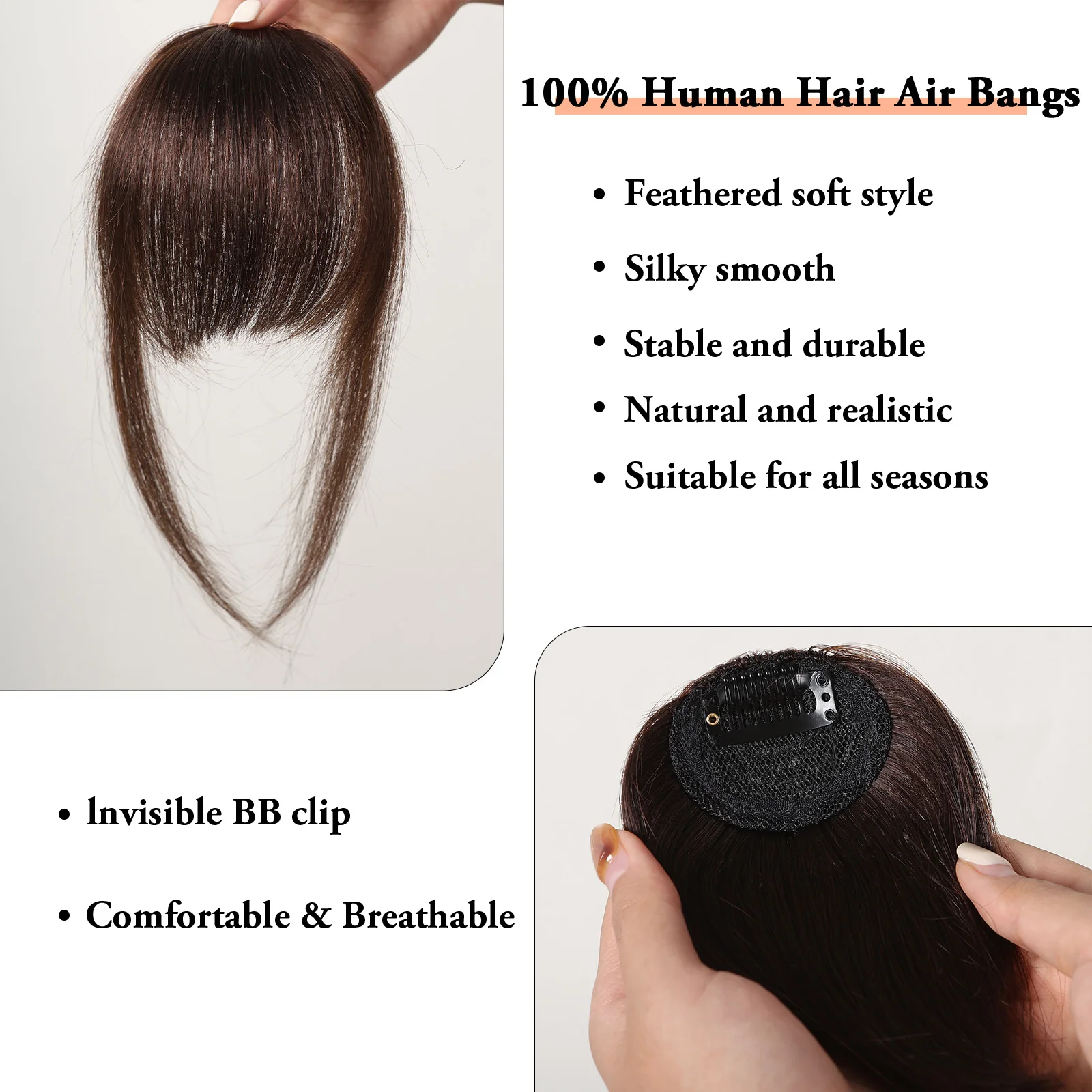 Brown Wispy Bangs Human Hair Bangs OverHead Clip in Hair Extension Natural Hair in Air Bangs Fringe Hairpieces for Women 4.5inch