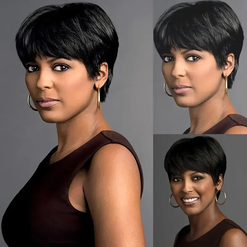 Short Pixie Cut Wig Human Hair For Women Machine Made Wigs With Bangs Brazilian Human Hair Wigs Cheap Pixie Cut WigsOn Sale