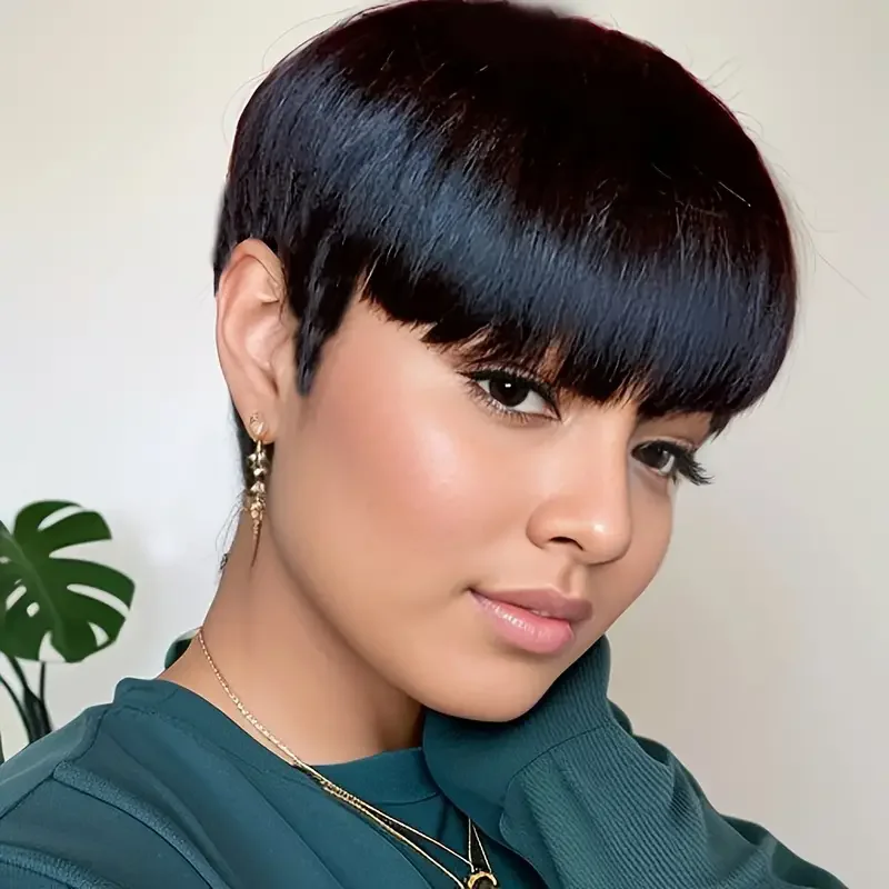 Short Pixie Cut Wig Human Hair For Women Machine Made Wigs With Bangs Brazilian Human Hair Wigs Cheap Pixie Cut WigsOn Sale