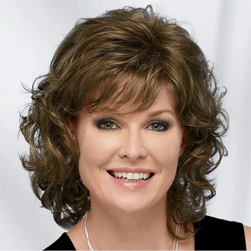 HAIRJOY Women Synthetic Hair Wigs Short Curly with Bangs  Shoulder Length  Blonde Grey White Brown Wig