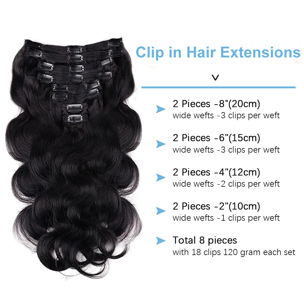Clip In Human Hair Extensions 120g/set Body Wave 18Clips Full Head Natural Brazilian Clip on Hair Extension 10-26 Inch for Women