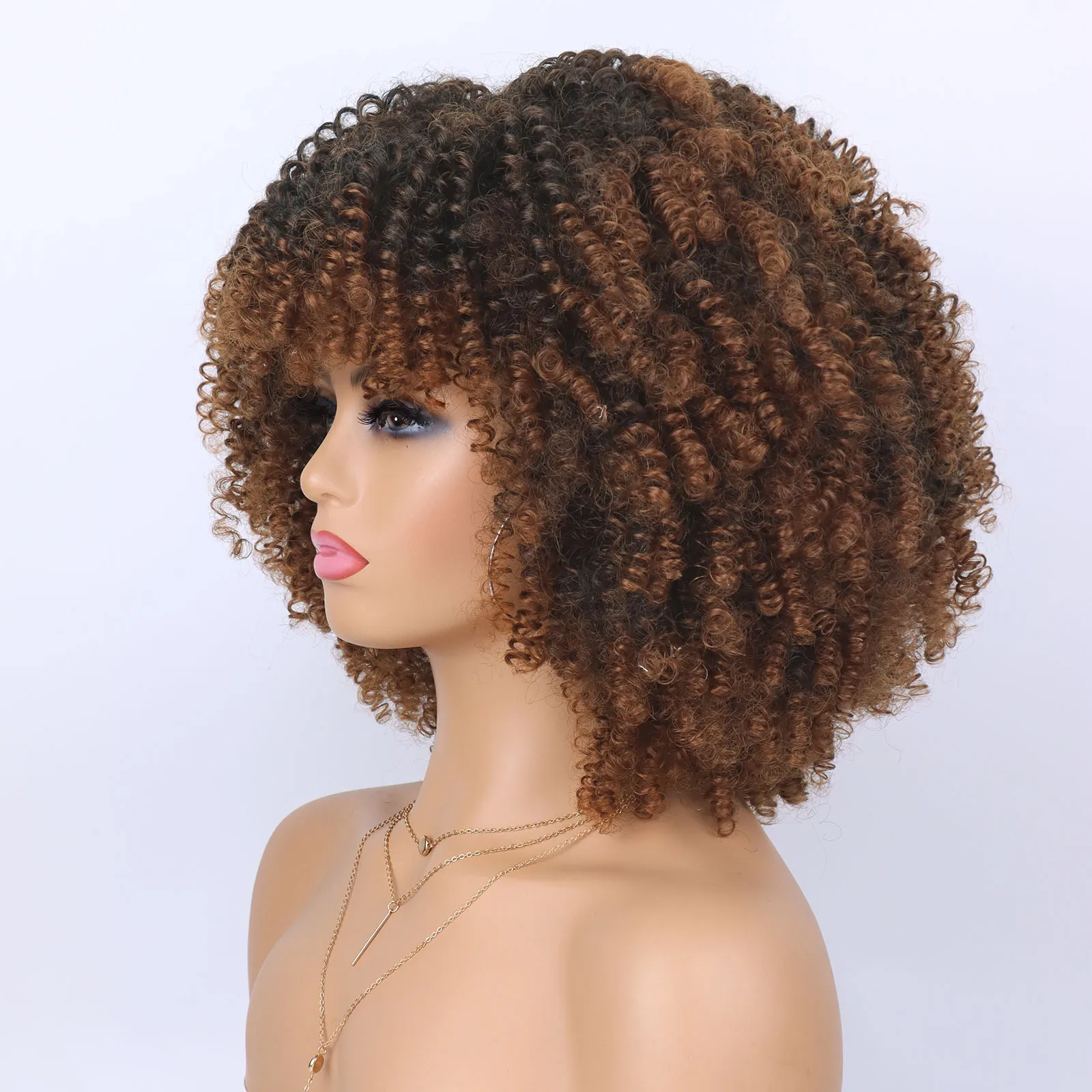 Tereshar Synthetic Short Curly Wigs for Black Women Afro Wig With Bangs Short Afro Kinky Curly Wig for Daily Party Wear