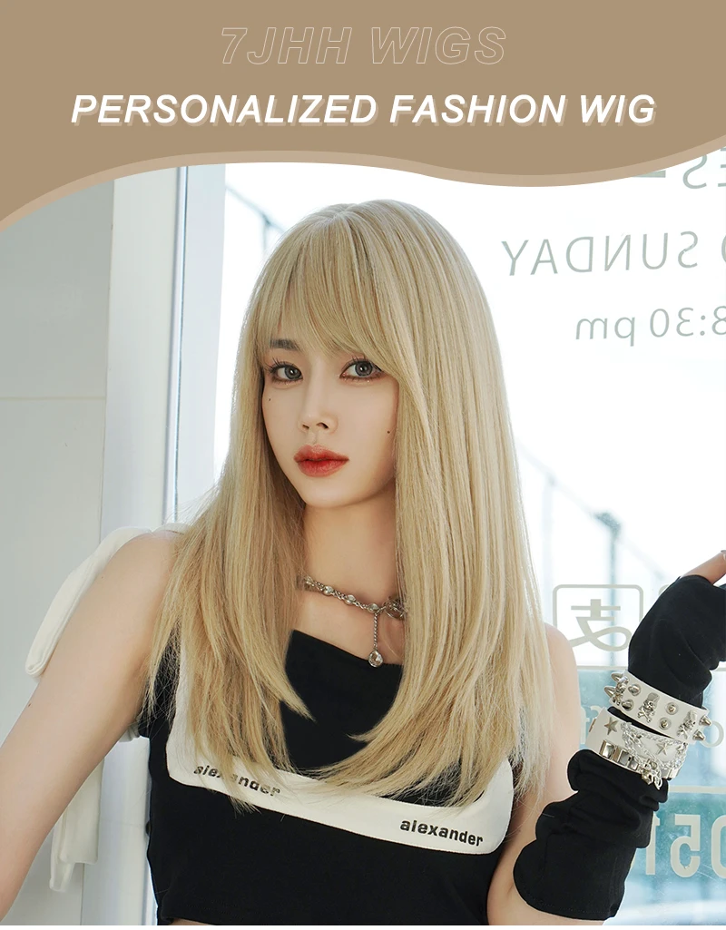 7JHH WIGS Layered Blonde Wig for Women High Density Synthetic Loose Straight Hair Wigs with Neat Bangs Beginner Friendly