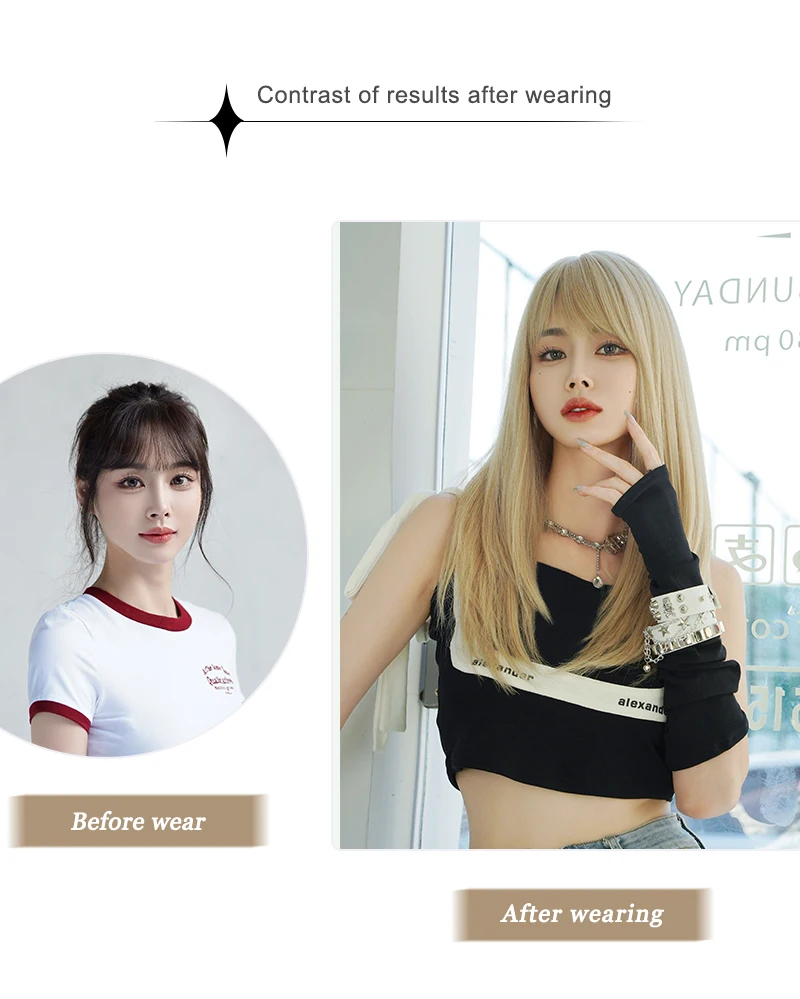 7JHH WIGS Layered Blonde Wig for Women High Density Synthetic Loose Straight Hair Wigs with Neat Bangs Beginner Friendly
