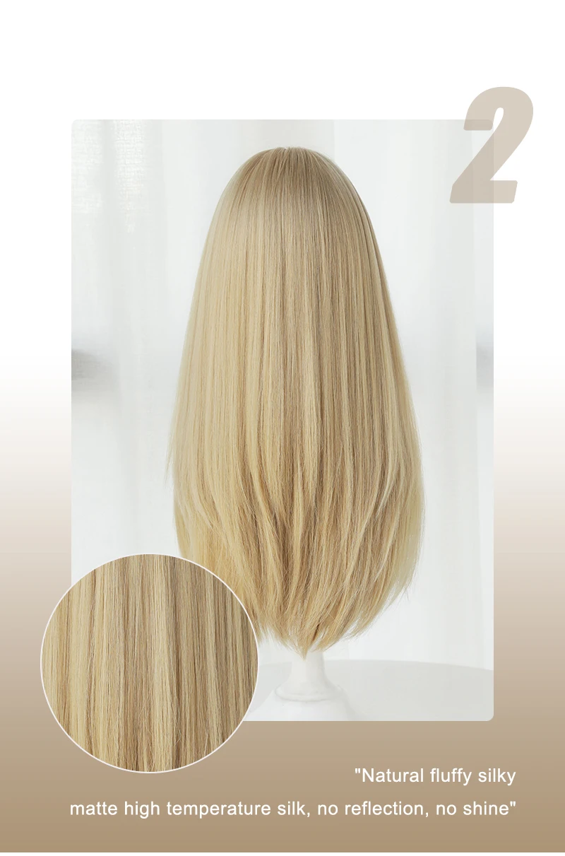 7JHH WIGS Layered Blonde Wig for Women High Density Synthetic Loose Straight Hair Wigs with Neat Bangs Beginner Friendly