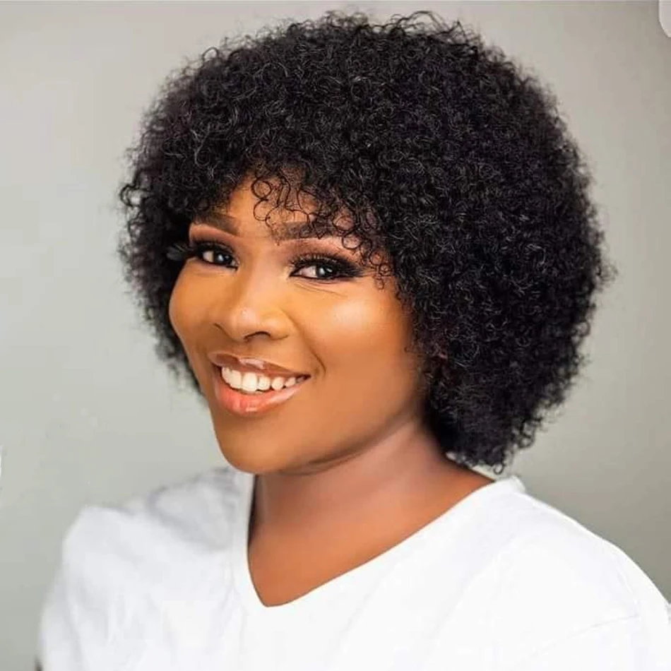 Afro Kinky Curly Human Hair Wig Short Afro Bob for Black Women with Bangs Brazilian Human Hair Wigs Machine Made Pre Plucked