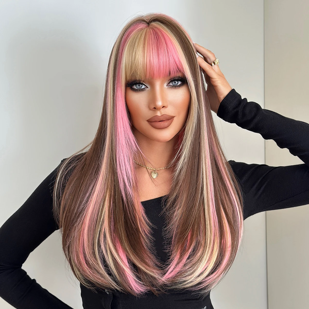 7JHH WIGS Long Straight Brown Highlight Pink Wig for Women Synthetic Modest Fashion Wear and Go Ombre Blonde Wigs with Neat Bang