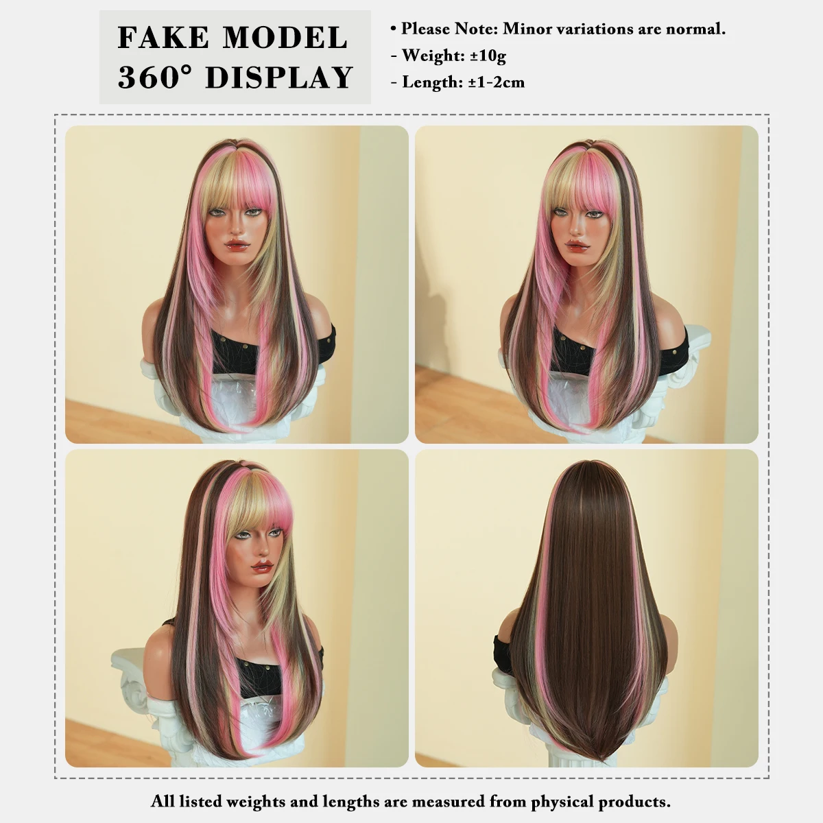 7JHH WIGS Long Straight Brown Highlight Pink Wig for Women Synthetic Modest Fashion Wear and Go Ombre Blonde Wigs with Neat Bang