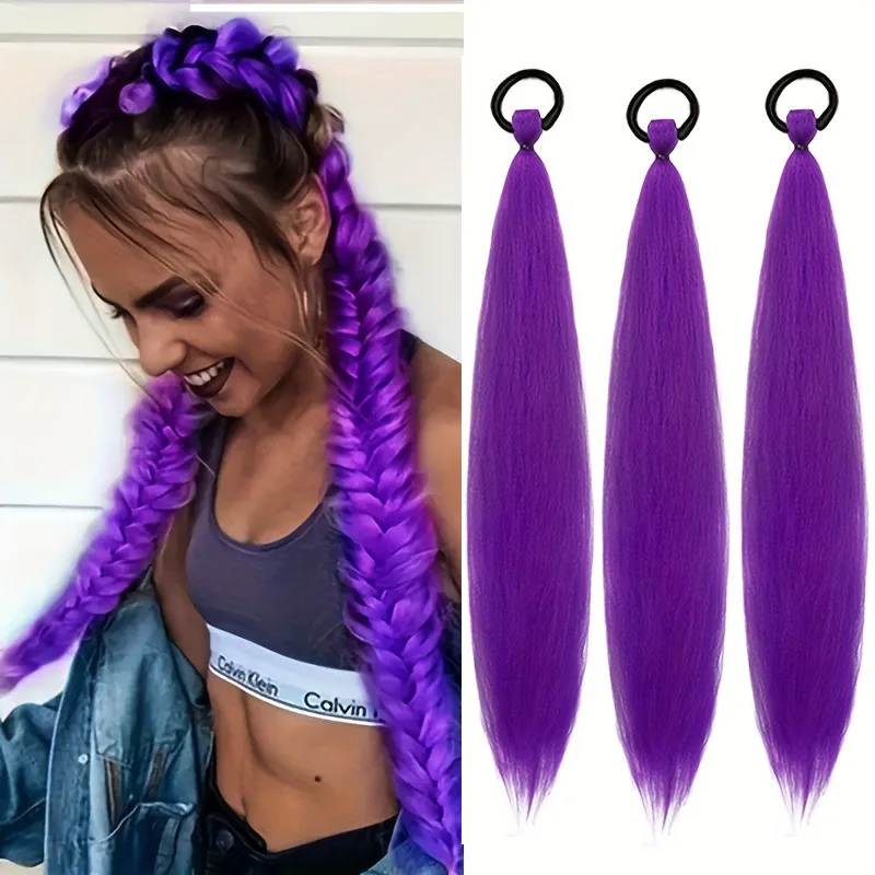 Synthetic 3 pieces/pack purple rubber band ponytail straight hair woman fluffy braided ponytail cosplay ponytail
