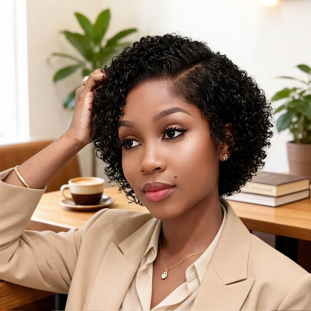 Elegant Curly Wave Pixie Cut 13x4x1 Lace Front Preplucked Remy Human Hair Wig for Women