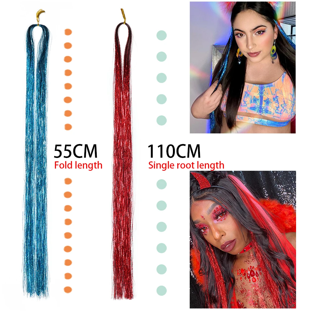 Synthetic Hair Long 120cm 150 Strands Sparkle Hair Tinsel Hair Rainbow Shiny Silk Hair Extensions Dazzles Women Hippie for Braid