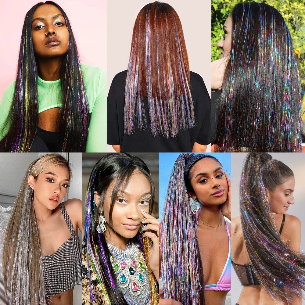 Synthetic Hair Long 120cm 150 Strands Sparkle Hair Tinsel Hair Rainbow Shiny Silk Hair Extensions Dazzles Women Hippie for Braid