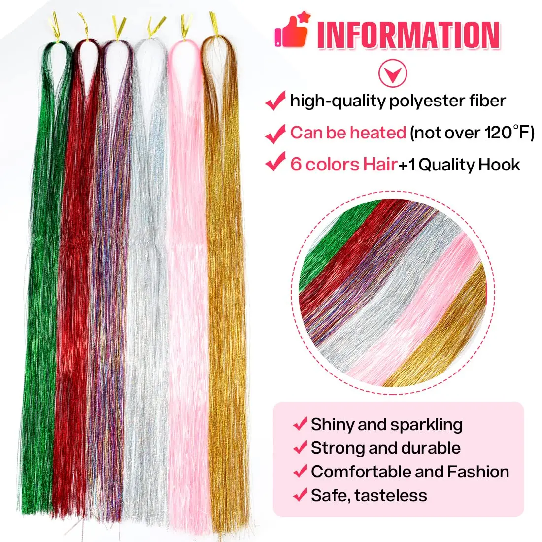 Synthetic Hair Long 120cm 150 Strands Sparkle Hair Tinsel Hair Rainbow Shiny Silk Hair Extensions Dazzles Women Hippie for Braid