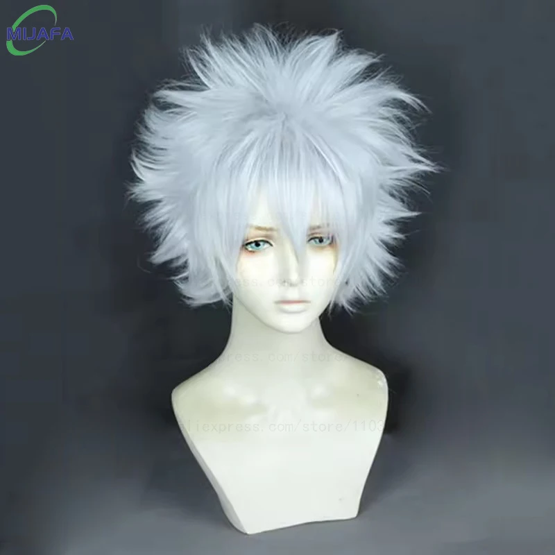 High Quality Anime Hunter Killua Zoldyck Cosplay Wig 30cm Short Silver White Heat Resistant Synthetic Hair Party Wigs + Wig Cap