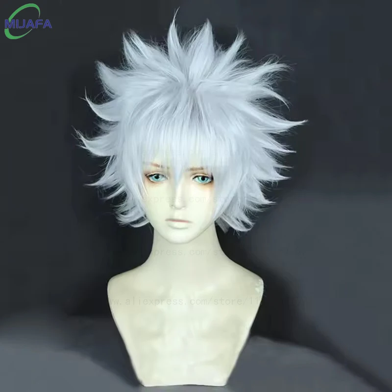 High Quality Anime Hunter Killua Zoldyck Cosplay Wig 30cm Short Silver White Heat Resistant Synthetic Hair Party Wigs + Wig Cap