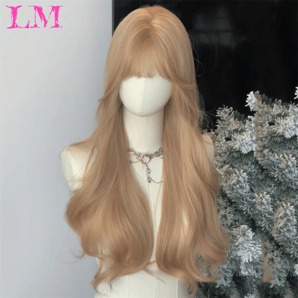 LM Curly Long Wavy Black Blonde Highlights Synthetic Hybrid Wig With Fluffy Bangs Suitable For Women Daily Use