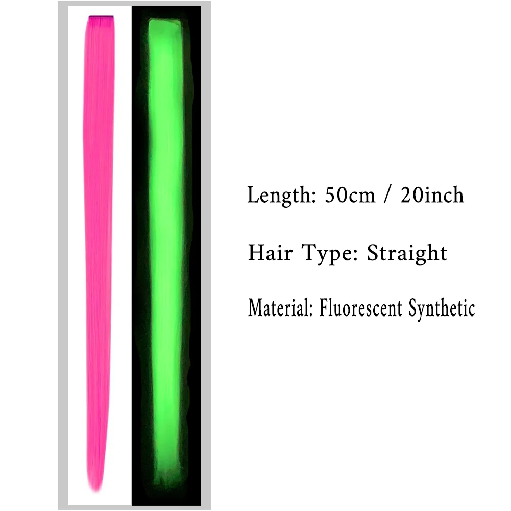 20 Inch Glow in the Dark Hair Extensions Clip Luminous Colored Hairpieces Party Rainbow Hair Clips Synthetic Straight Wig