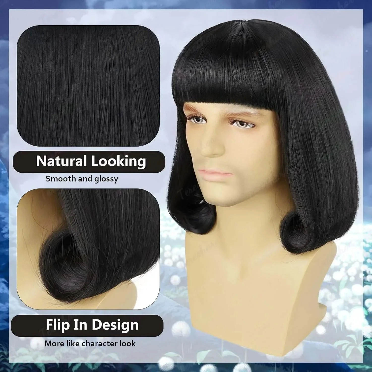 Synthetic Unisex Black Straight Flip in Short Full Bang Realistic Halloween Cosplay Bob Wig with Bangs Lord Farquaad Wig