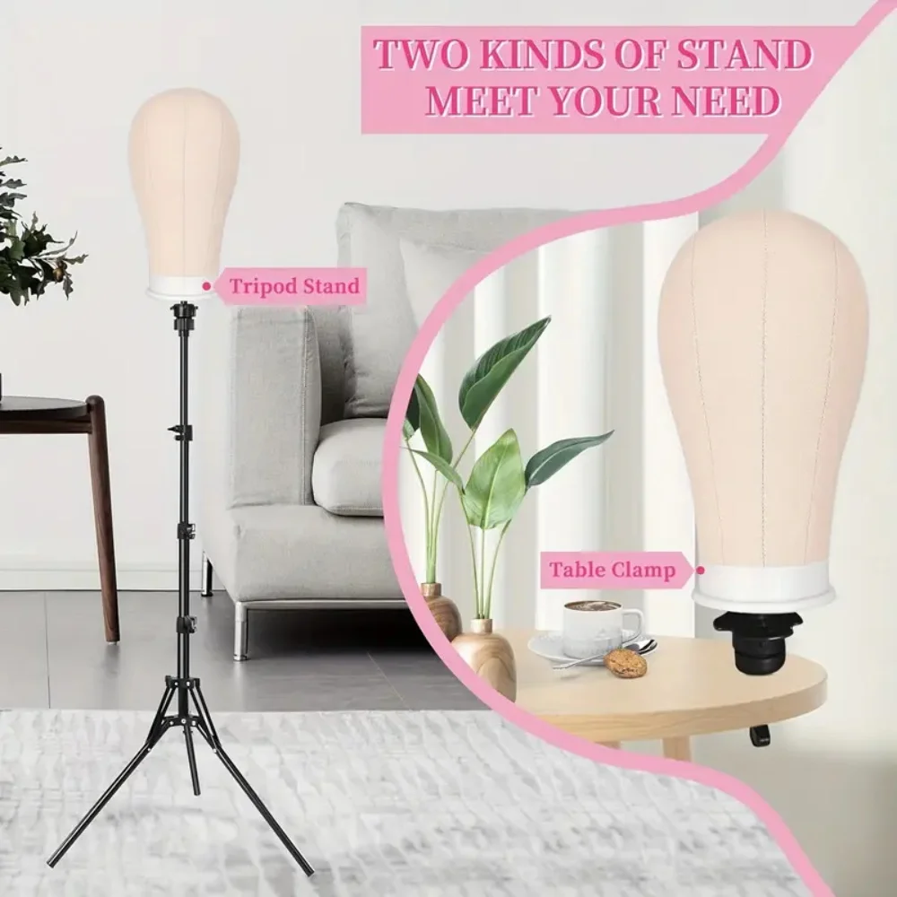 Wig Stand & 22 in Head Combination set,Canvas Wig Head Stand with Mannequin Head for Wigs Manikin Head Block Set for Wigs Making