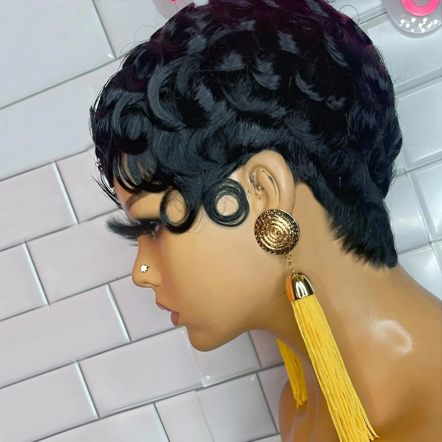 Short wigs For Black Women Pixie Cut Wig Human Hair Glueless Synthetic Wigs Pre Plucked Short Curly wigs With Bangs For Daily