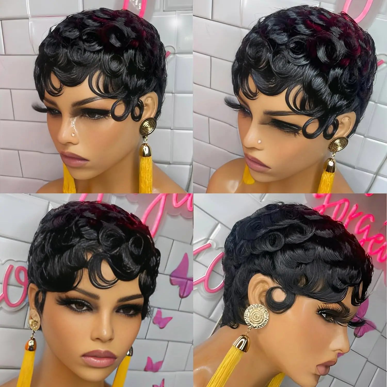 Short wigs For Black Women Pixie Cut Wig Human Hair Glueless Synthetic Wigs Pre Plucked Short Curly wigs With Bangs For Daily