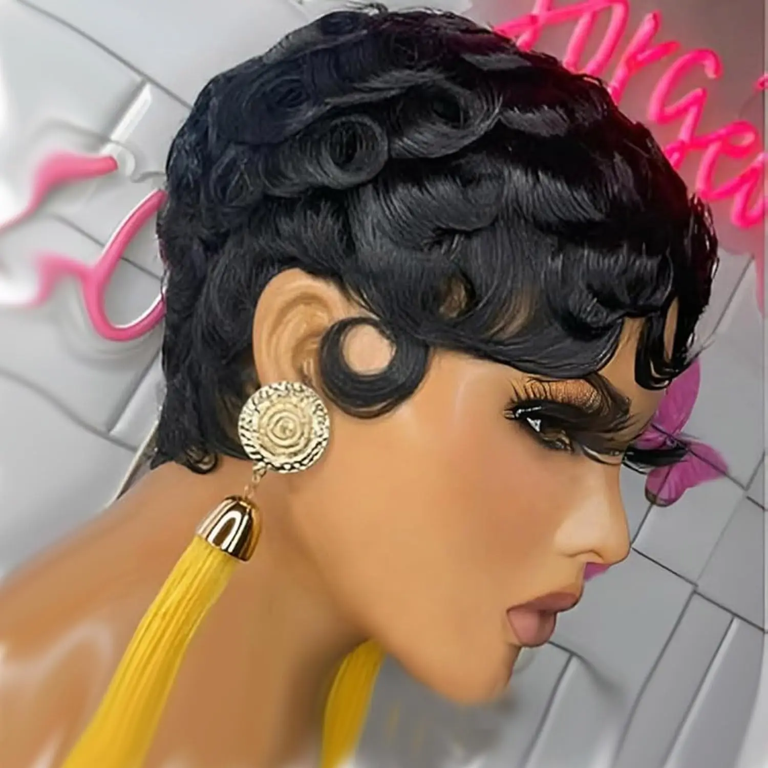 Short wigs For Black Women Pixie Cut Wig Human Hair Glueless Synthetic Wigs Pre Plucked Short Curly wigs With Bangs For Daily