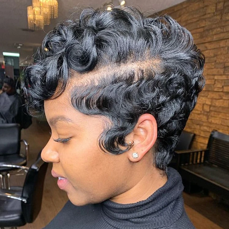 Short Curly Pixie Cut Wig Human Hair for Women Black Layered 13x4x1 T-Part Lace Front Short Human Hair Pixie Cut Glueless Wig