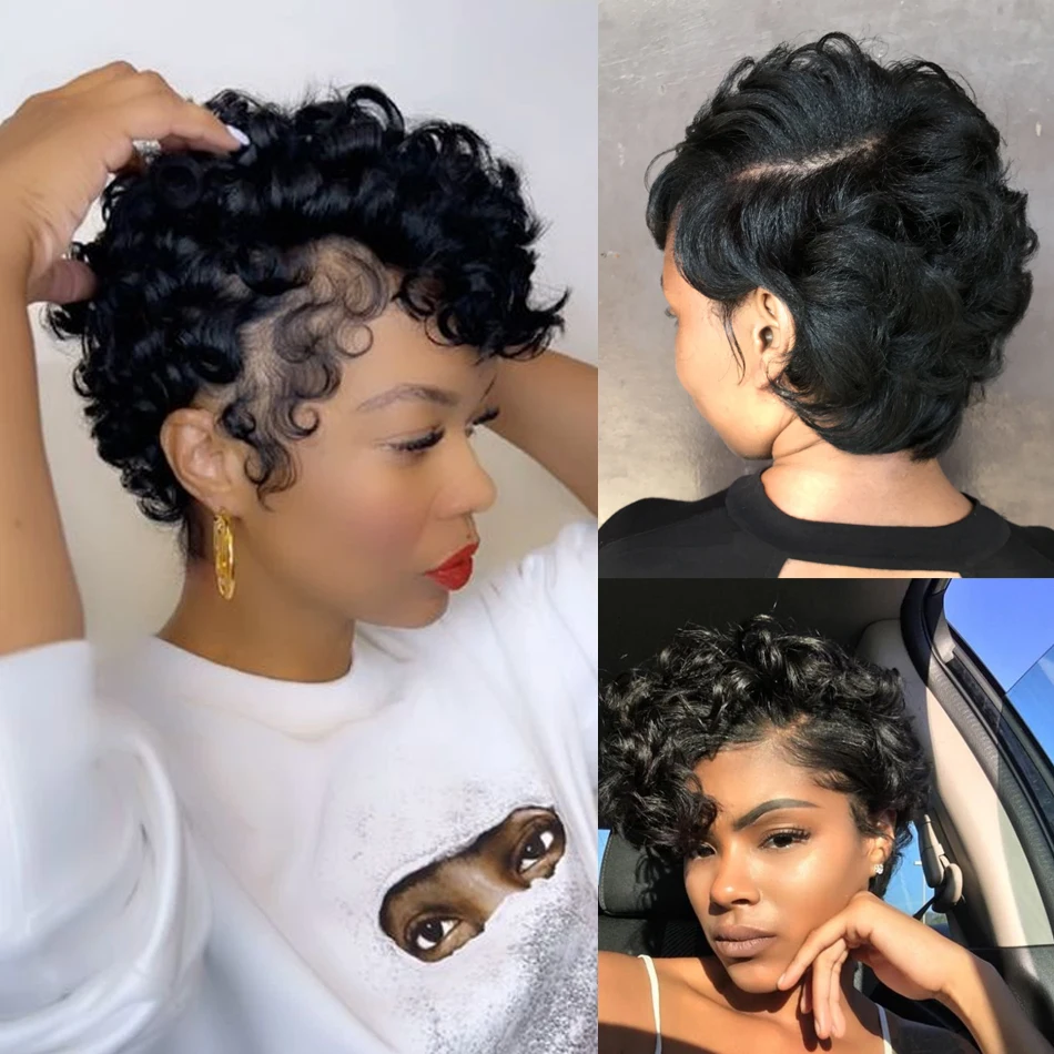 Short Curly Pixie Cut Wig Human Hair for Women Black Layered 13x4x1 T-Part Lace Front Short Human Hair Pixie Cut Glueless Wig