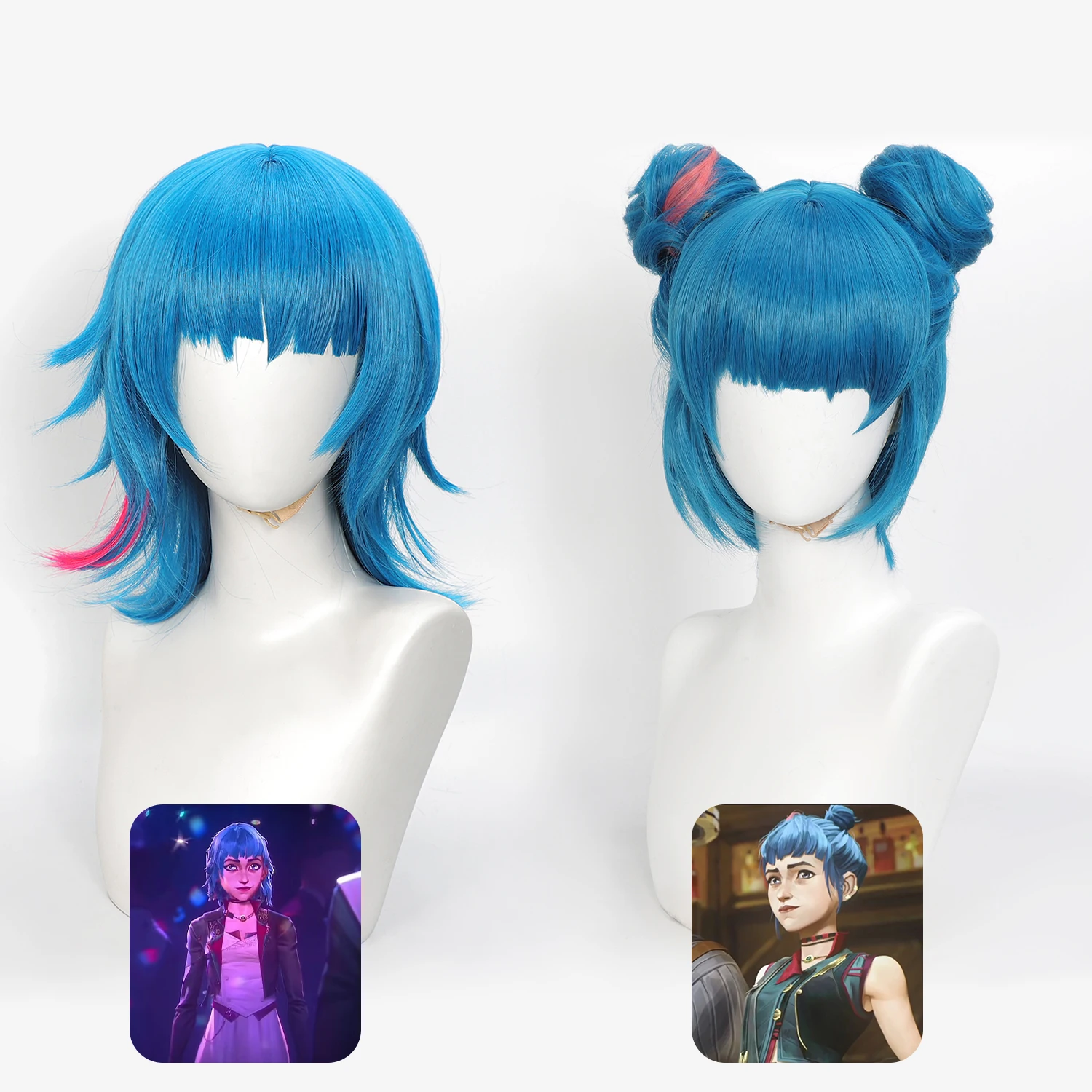 Arcane Jinx Cosplay Wig Blue Pink Highlight Short Synthetic Wig With Optional Double Buns For Halloween Game Role Play Costume
