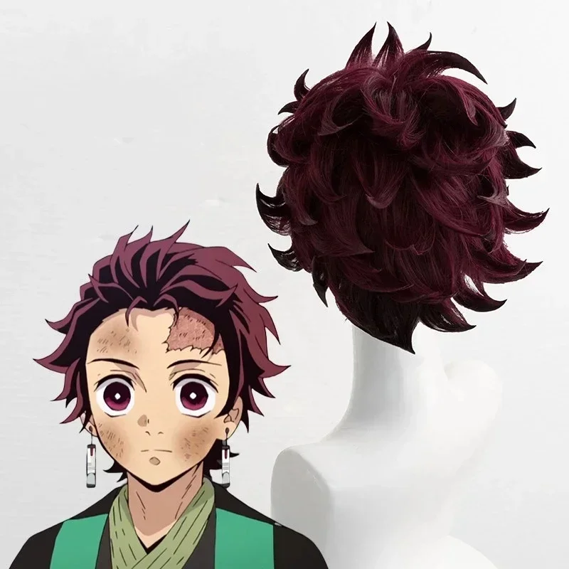 Anime Demon Moordenaar Kimetsu No Yaiba Tanjiro Kamado Cosplay Synthetic Wigs Korte Kastanjebruine Hittebestendige Haarpruiken