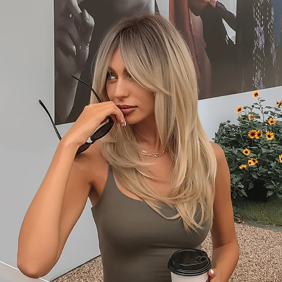 Long Blonde Golden Straight Synthetic Wigs for Women Mid-Length Natural Layered Hair Wig Side Bangs Daily Cosplay Heat Resistant