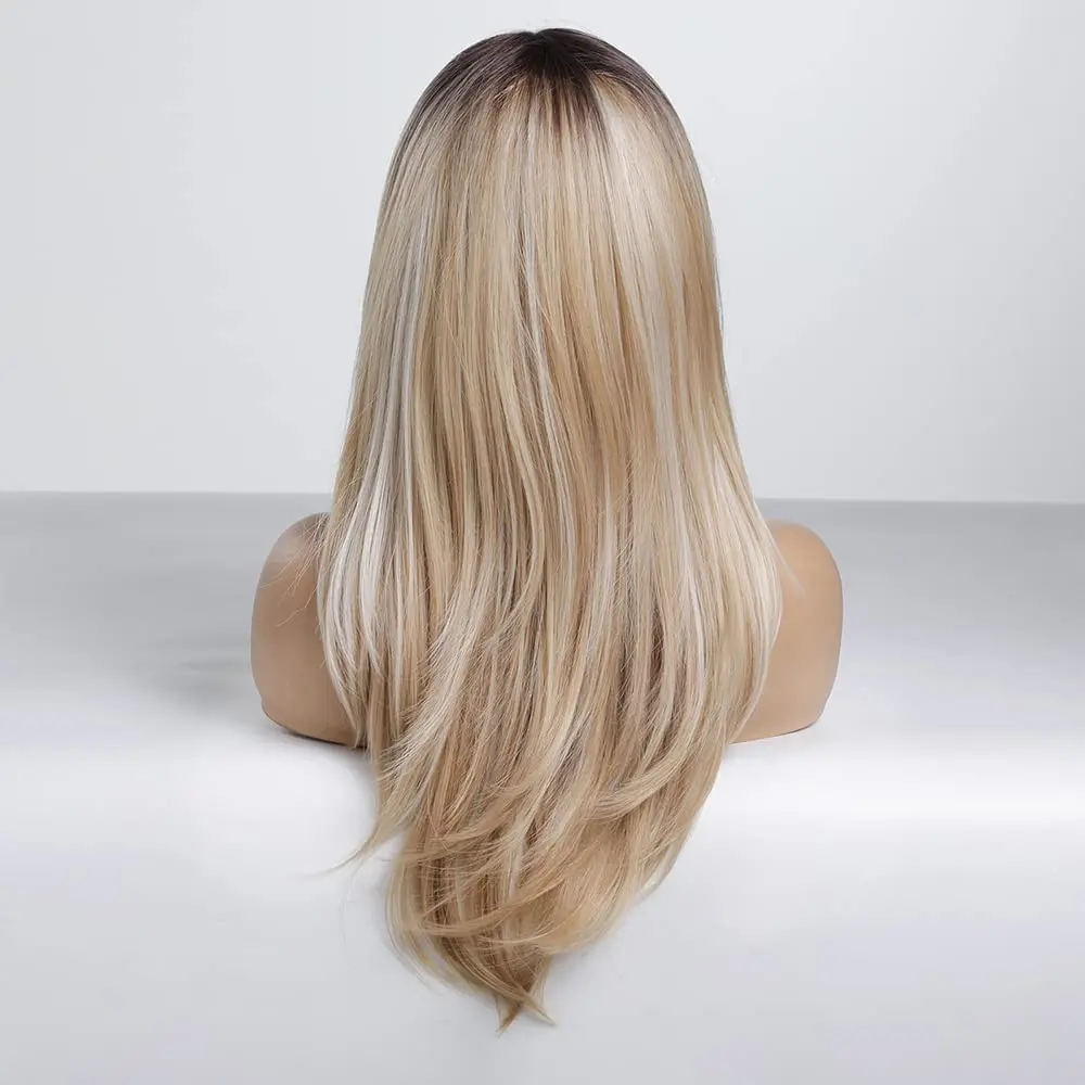 Long Blonde Golden Straight Synthetic Wigs for Women Mid-Length Natural Layered Hair Wig Side Bangs Daily Cosplay Heat Resistant