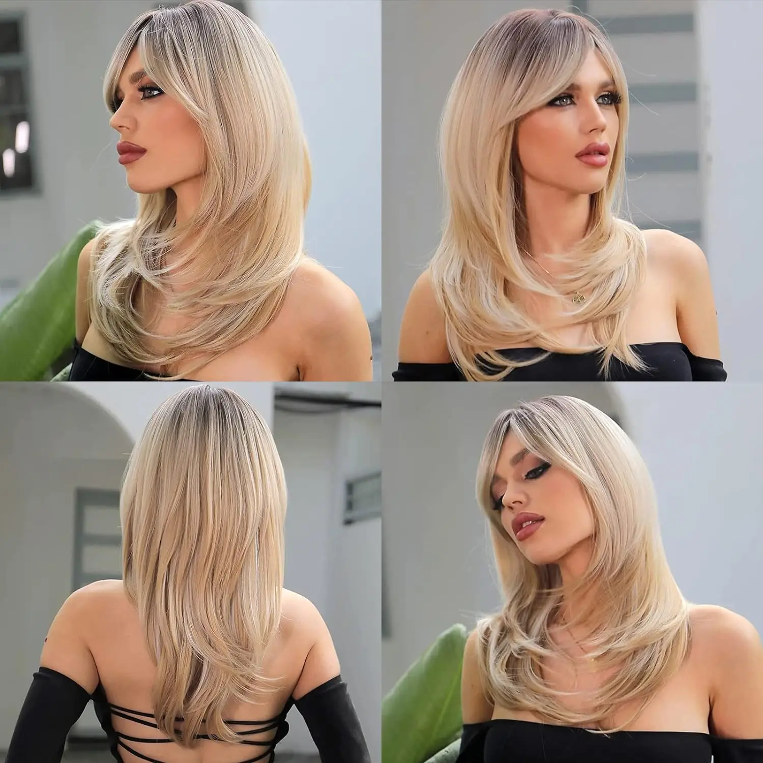 Long Blonde Golden Straight Synthetic Wigs for Women Mid-Length Natural Layered Hair Wig Side Bangs Daily Cosplay Heat Resistant