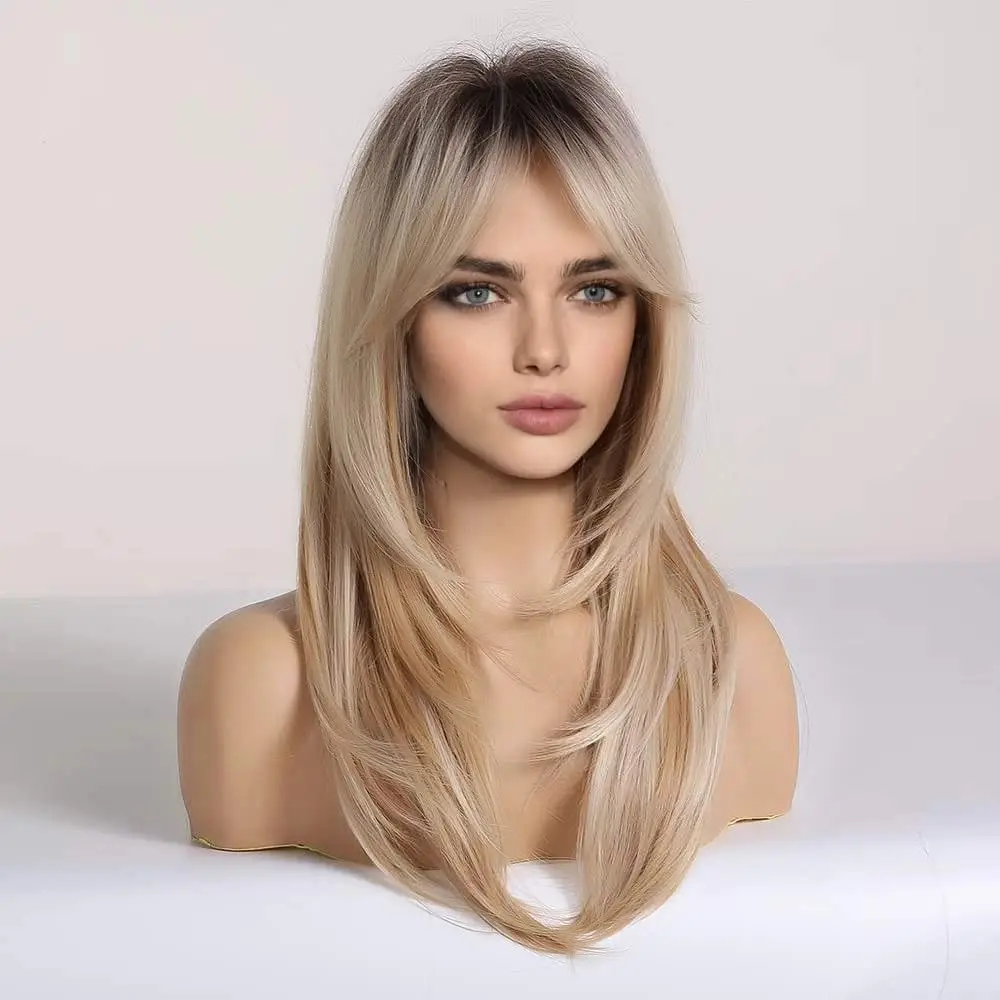 Long Blonde Golden Straight Synthetic Wigs for Women Mid-Length Natural Layered Hair Wig Side Bangs Daily Cosplay Heat Resistant