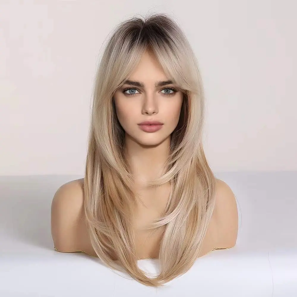 Long Blonde Golden Straight Synthetic Wigs for Women Mid-Length Natural Layered Hair Wig Side Bangs Daily Cosplay Heat Resistant