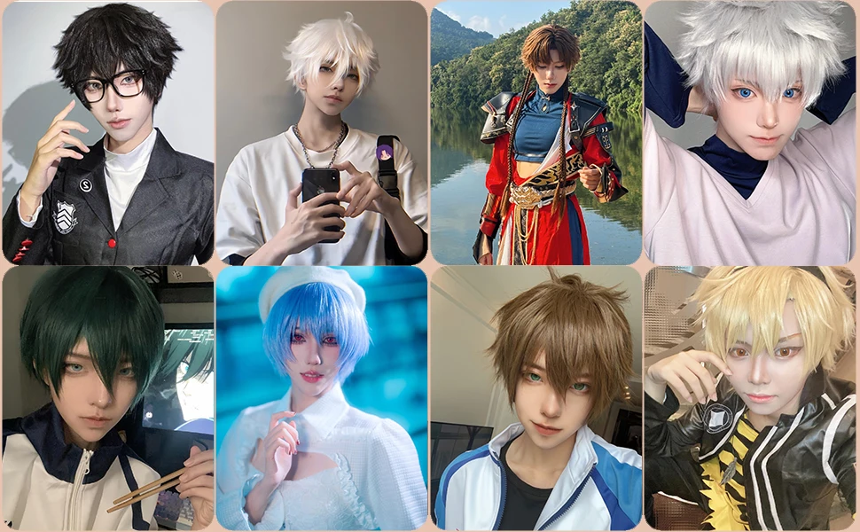 35cm Short Black Spiky Cosplay Wig Pre-Teased Crown Heat Resistant Synthetic Wig Layered Flipped-out Universal Anime Wig