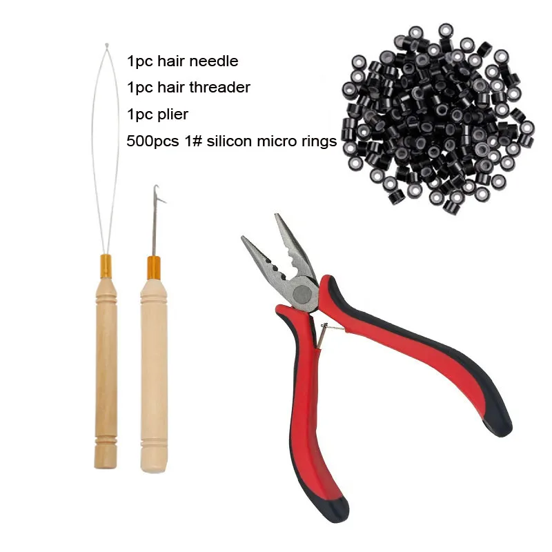 Hair Extensions Beads Tools Kit Extensions Micro Pulling Needle, Loop Threader and 500 Pieces Silicone Lined Micro Rings