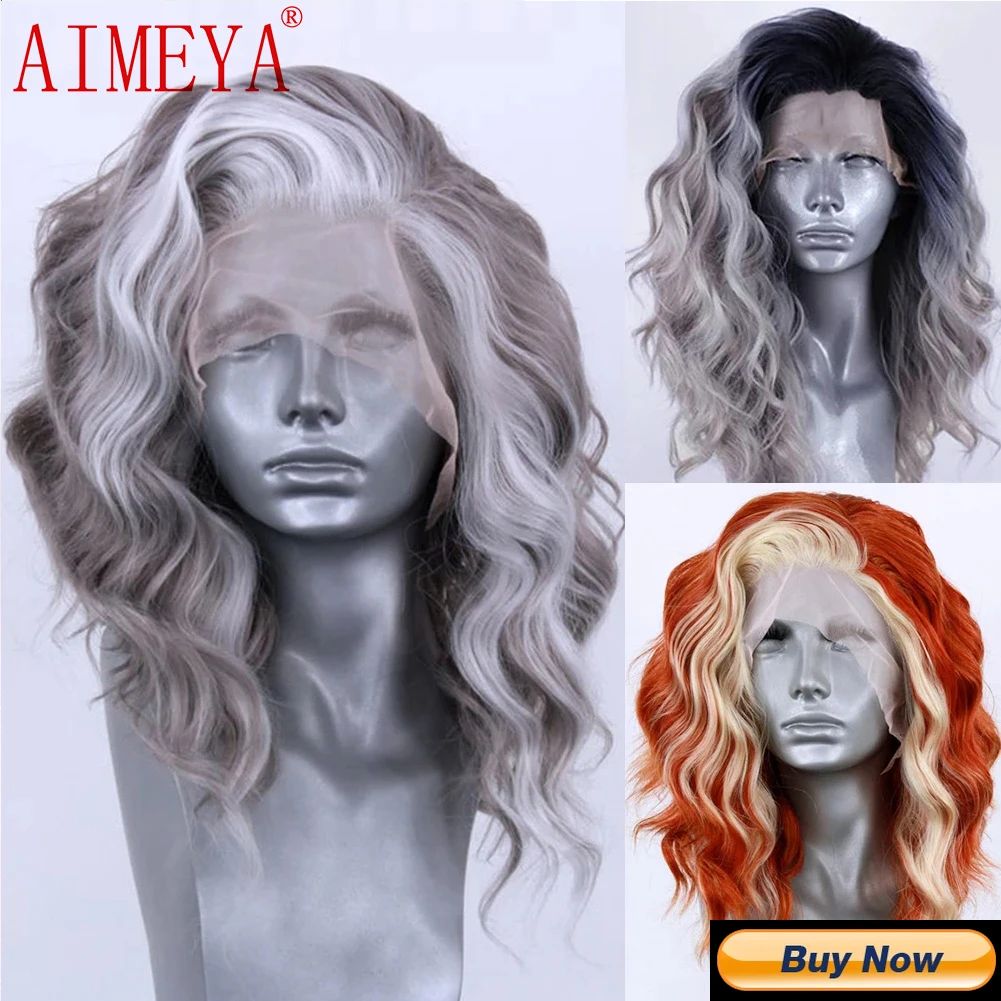 AIMEYA Short Wigs for Women Synthetic Lace Front Wig Black Wave Bob Lace Wig Pre Plucked Hairline Cosplay Part Wigs Daily Used