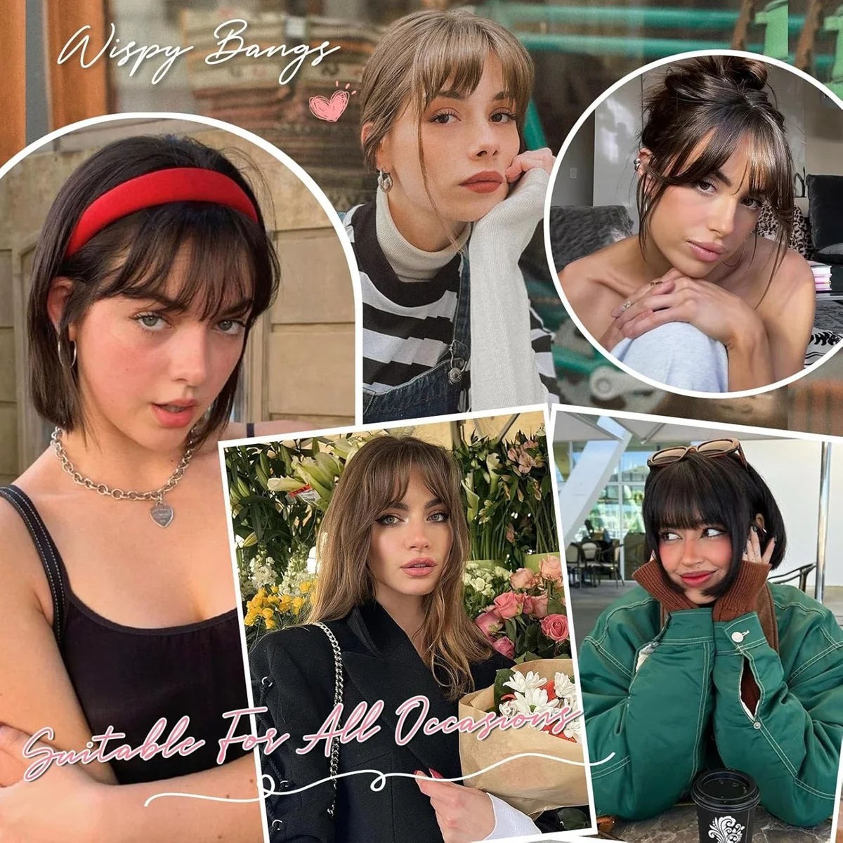 Human Hair Wispy French Bangs with Temples,Curved Fringe Hair Accessories,Clip in Air Bangs,Kawaii Hairpieces Quick Hair Change