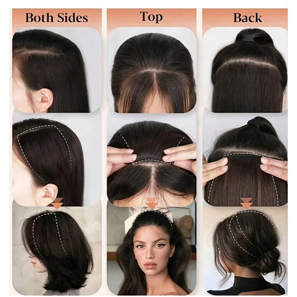 2Pcs Synthetic Short Straight Pad Invisible Hair Extension Lining of Hair Top Side Cover Hairpiece for Women