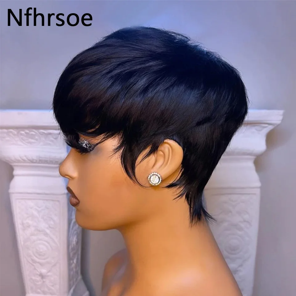 Short Bob Wig Straight Pixie Cut Bob Wigs Human Hair For Women With Bangs Brazilian Virgin Human Hair Wigs Non Lace Front Wig