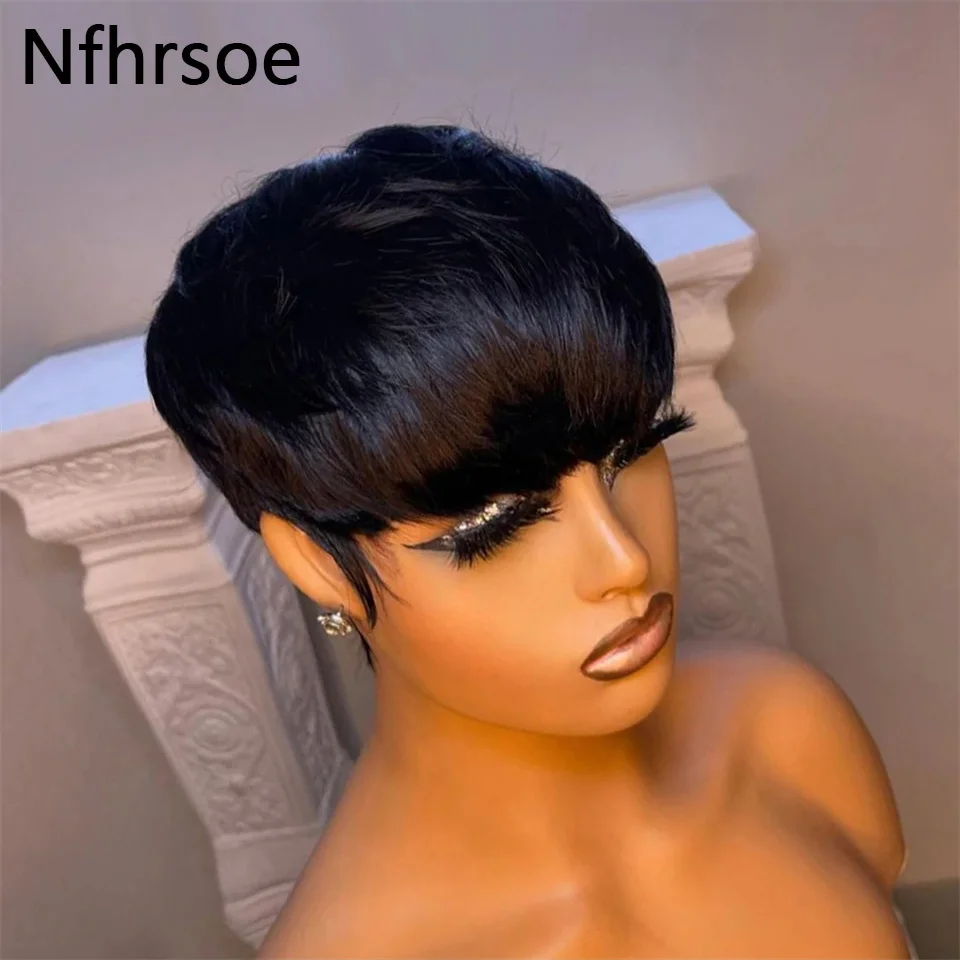 Short Bob Wig Straight Pixie Cut Bob Wigs Human Hair For Women With Bangs Brazilian Virgin Human Hair Wigs Non Lace Front Wig