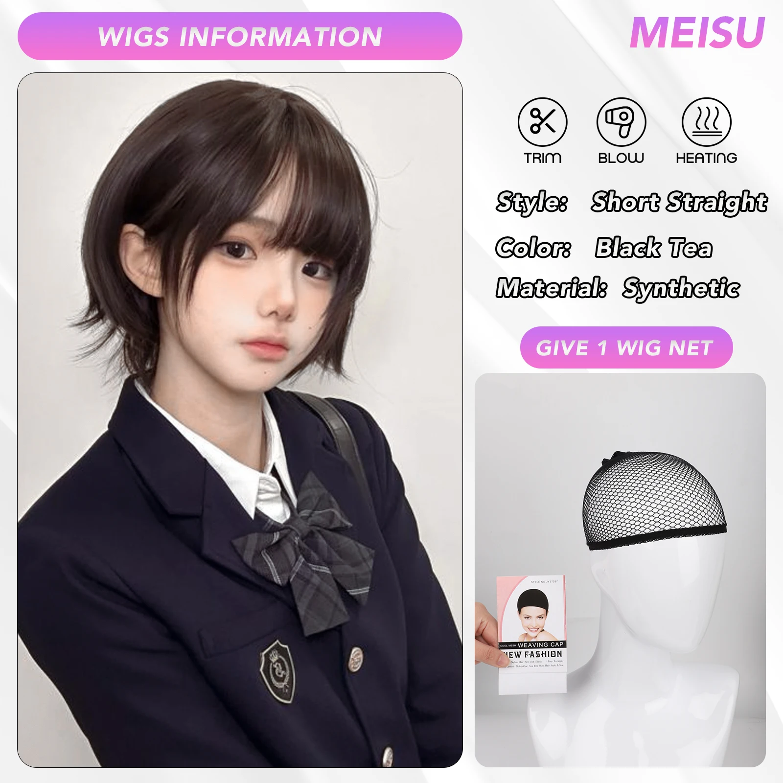 MEISU 10 Inch Short BoBo Bangs Wig Black Tea Synthetic Fiber Heat-Resistant Natural And Smoot Selfie Party For Women