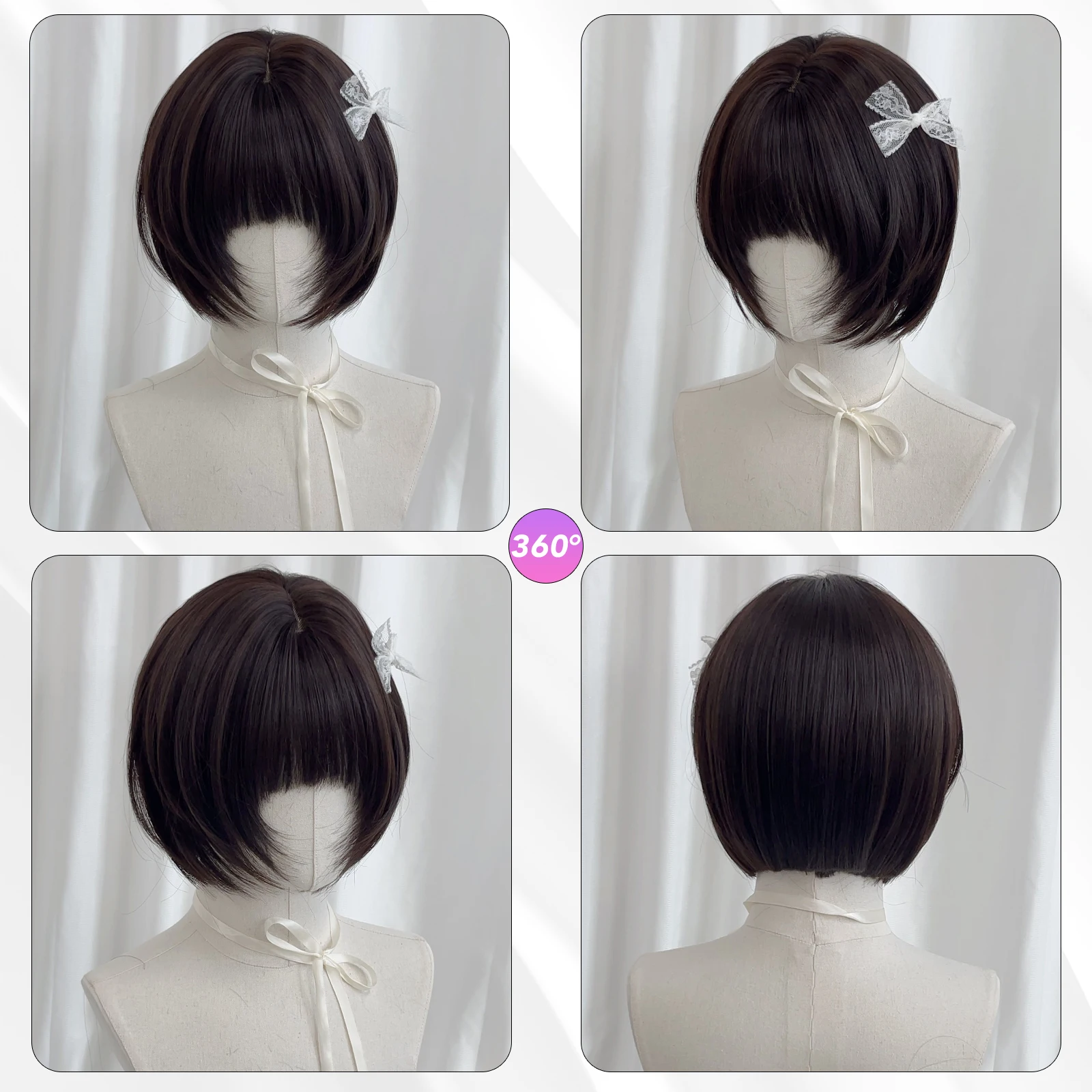 MEISU 10 Inch Short BoBo Bangs Wig Black Tea Synthetic Fiber Heat-Resistant Natural And Smoot Selfie Party For Women