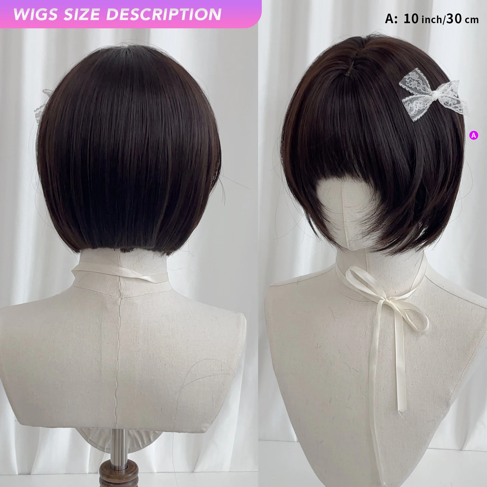MEISU 10 Inch Short BoBo Bangs Wig Black Tea Synthetic Fiber Heat-Resistant Natural And Smoot Selfie Party For Women