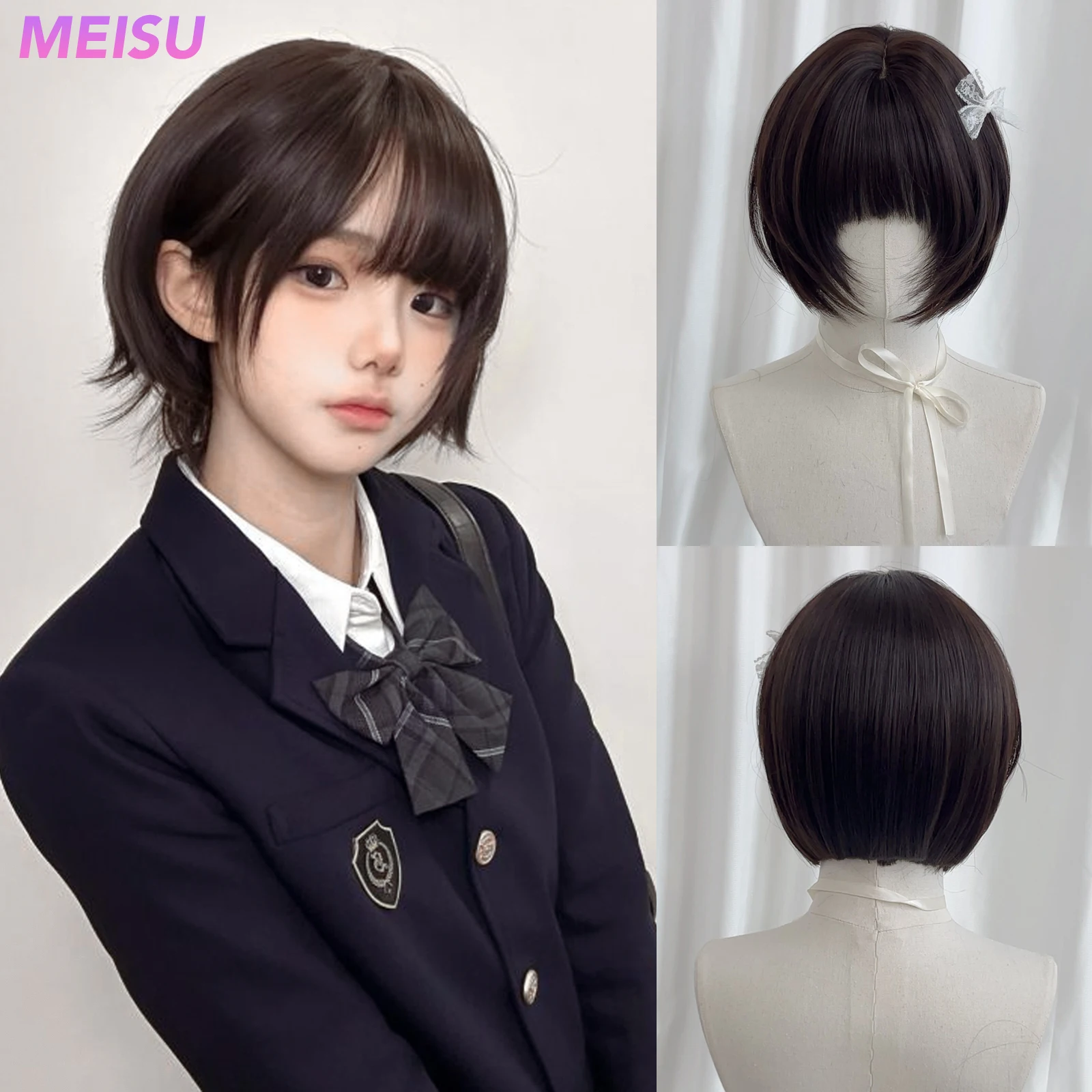 MEISU 10 Inch Short BoBo Bangs Wig Black Tea Synthetic Fiber Heat-Resistant Natural And Smoot Selfie Party For Women