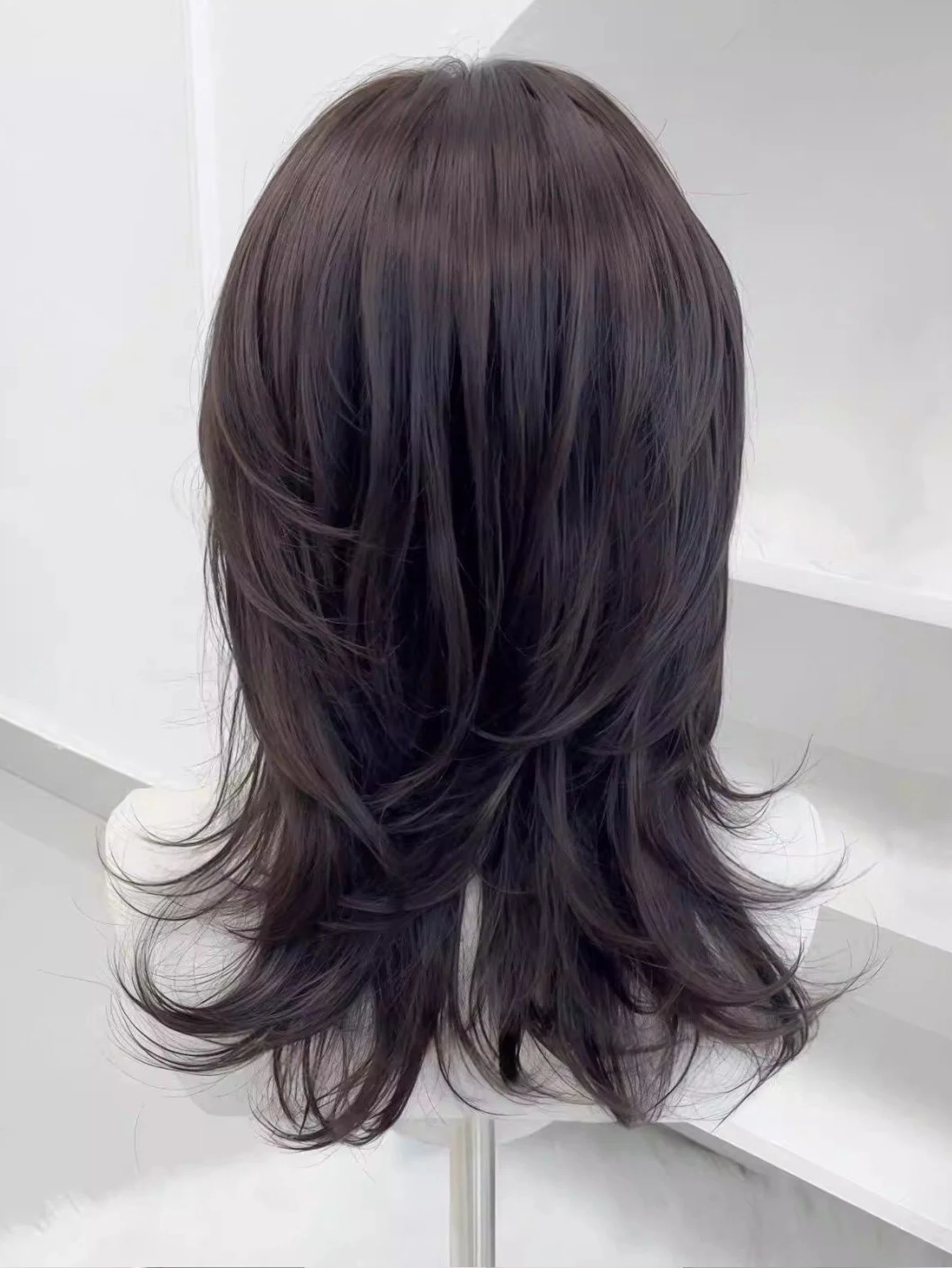 Synthetic Brown Black Medium Straight Jellyfish Wig with Bangs Natural Layered Wig Suitable for Women Daily Party