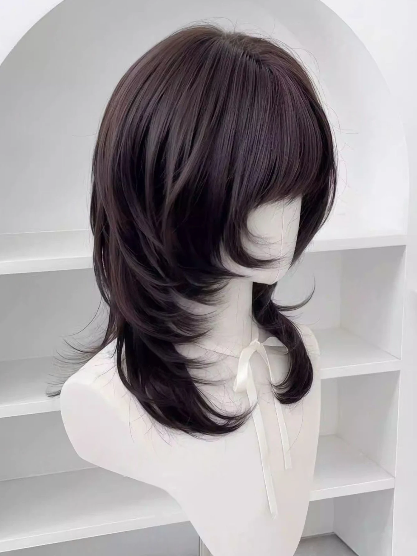 Synthetic Brown Black Medium Straight Jellyfish Wig with Bangs Natural Layered Wig Suitable for Women Daily Party