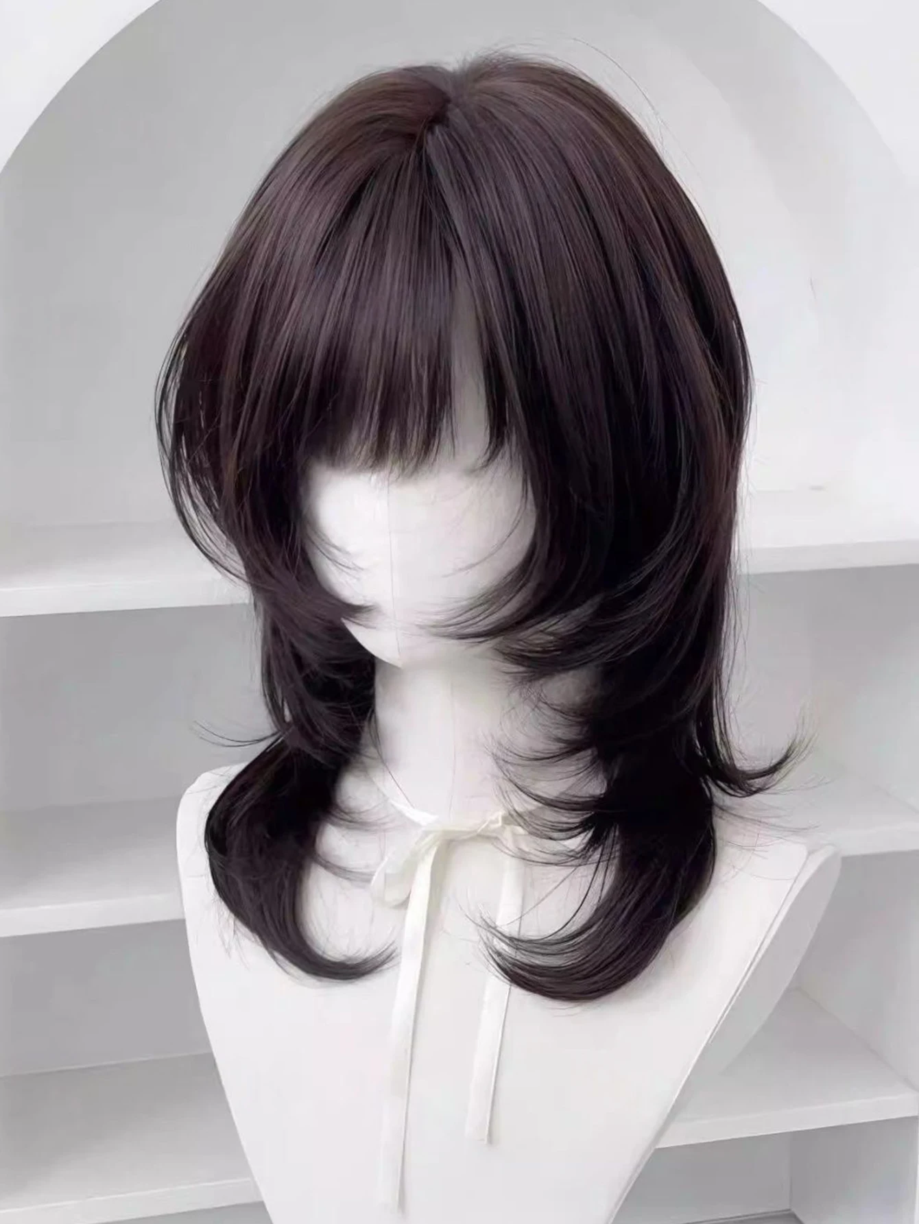 Synthetic Brown Black Medium Straight Jellyfish Wig with Bangs Natural Layered Wig Suitable for Women Daily Party