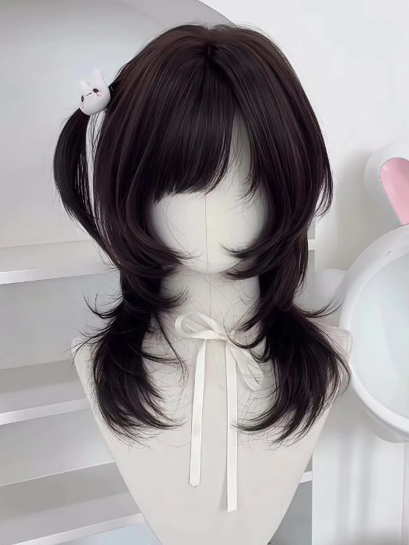 Synthetic Brown Black Medium Straight Jellyfish Wig with Bangs Natural Layered Wig Suitable for Women Daily Party